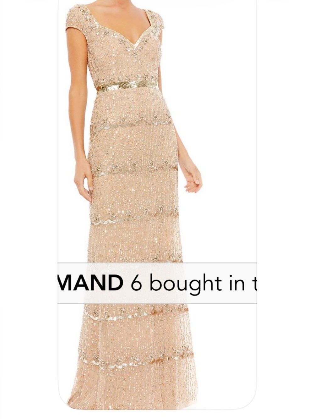 Mac Duggal Champagne Sequin & Beaded V-Neck Maxi Dress with Gold Waistband